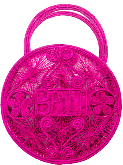 100% Handwoven Hot Pink Iraca Palm Bag with “Bali” Woven Across Front