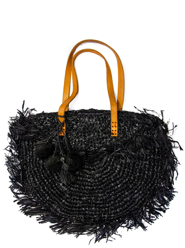 Black raffia beach bag with leather strap and fringe