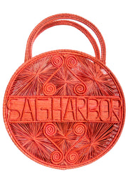 Coral Pink 100 % Handwoven, Iraca Palm Bag with “Sagharbor” Woven Across Front