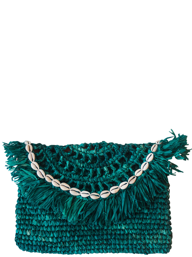 Teal Handwoven Palm Clutch with Natural Shells