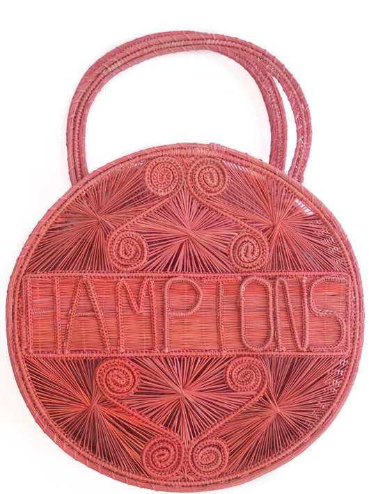 Coral Pink 100 % Handwoven , Iraca Palm Bag with “Hamptons” Woven Across Front