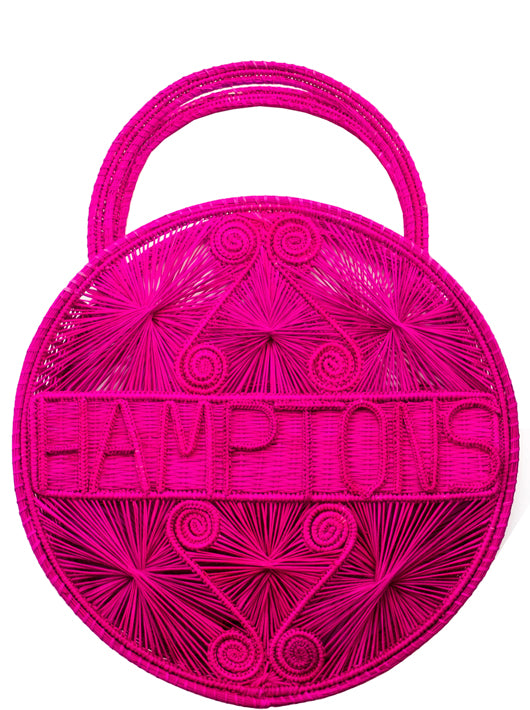 Hot Pink 100 % Handwoven , Iraca Palm Bag with “Hamptons” Woven Across Front