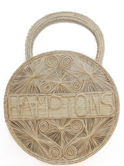 Natural Colored  100 % Handwoven , Iraca Palm Bag with “Hamptons” Woven Across Front