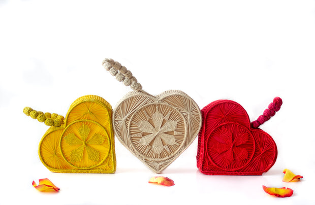 Primrose Yellow, Natural Colored and Garnet Red Love Heart Handwoven, Handmade Palm Handbags.