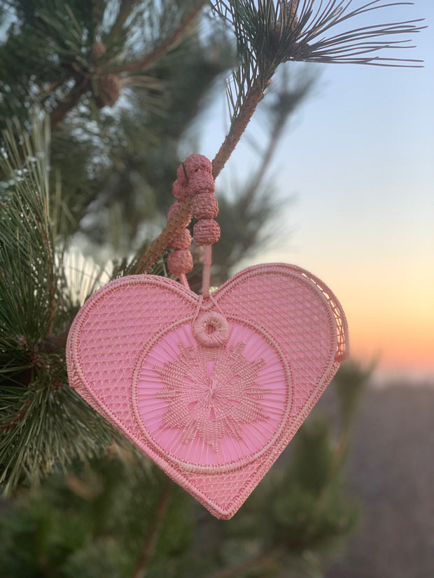 Bellini Pink Love Heart Handwoven, Handmade Palm Handbag with Forest In Background