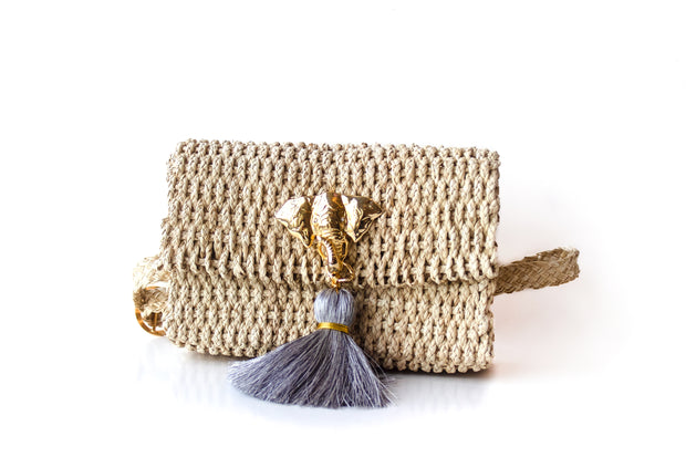 Handmade Palm Kimbo Belly Bag with Gray Tassel Brass Elephant charm, crystal eyes and 30" waist strap