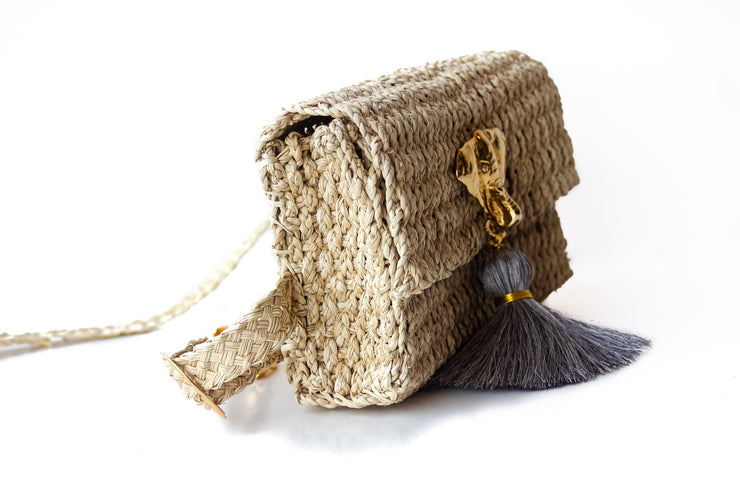 Handmade Palm Kimbo Belly Bag with Brass Elephant charm with Gray tassel, crystal eyes and 30" waist strap side view