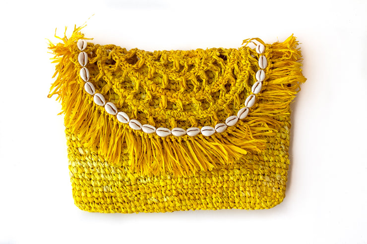 Primrose Yellow Handwoven Palm Clutch with Natural Shells