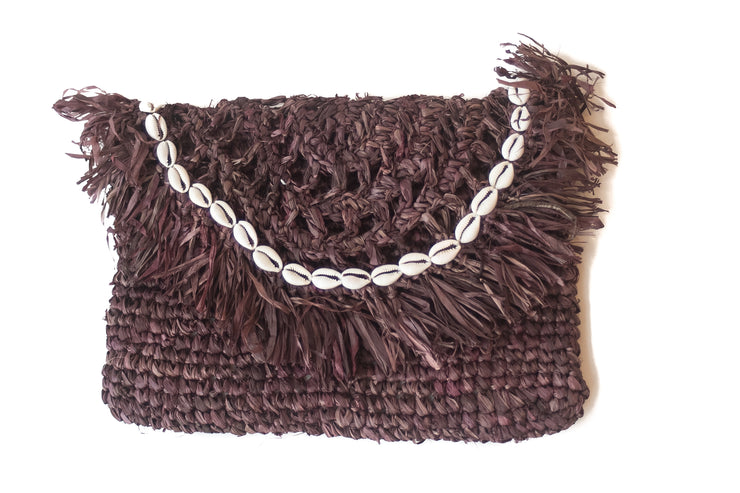 Chocolate Brown Handwoven Palm Clutch with Natural Shells