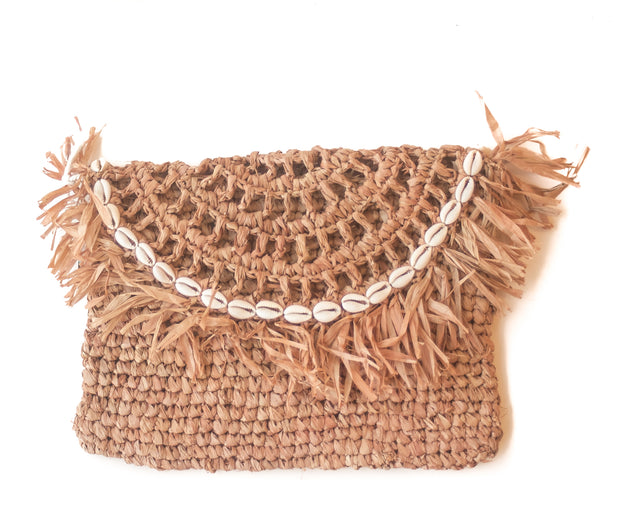 Coffee Brown Handwoven Palm Clutch with Natural Shells