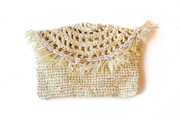 Dreamy Creamy” Handwoven Palm Clutch with Natural Shells