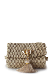 Handmade Palm Kimbo Belly Bag with Beige Tassel Brass Elephant charm, crystal eyes and 30" waist strap