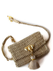 Handmade Palm Kimbo Belly Bag with Beige Tassel Brass Elephant charm, crystal eyes and 30" waist strap, top view
