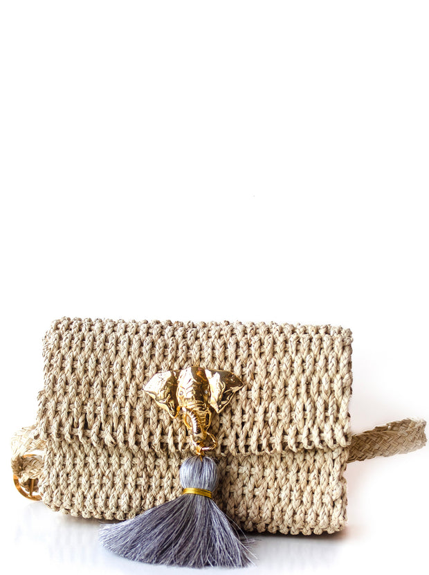 Handmade Palm Kimbo Belly Bag with Brass Elephant charm, gray tassel, crystal eyes and 30" waist strap