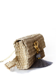 Handmade Palm Kimbo Belly Bag with Brass Elephant charm with Gray tassel, crystal eyes and 30" waist strap side view