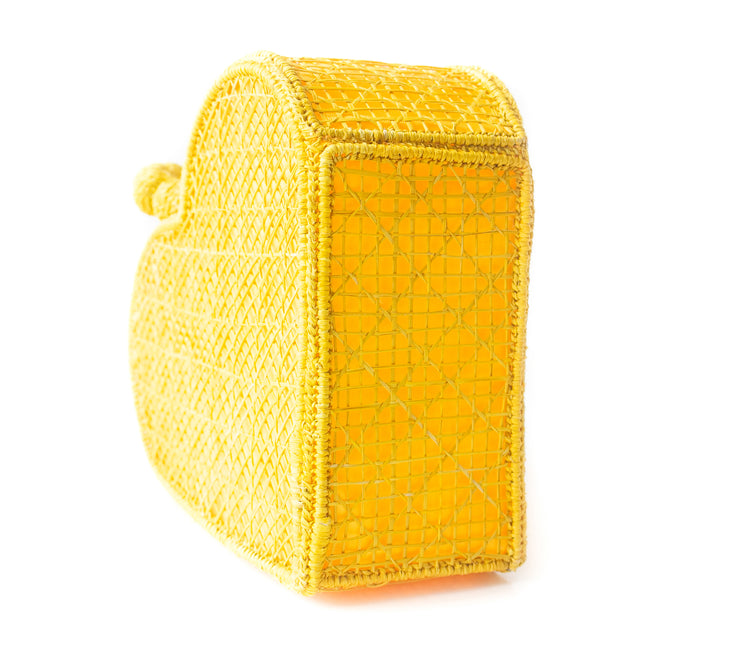 Primrose Yellow Love Heart Handwoven, Handmade Palm Handbag, Sideview