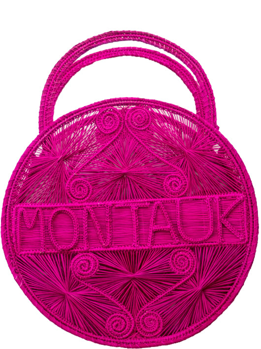 Hot Pink  100 % Handwoven Black, Iraca Palm Bag with “Montauk” Woven Across Front