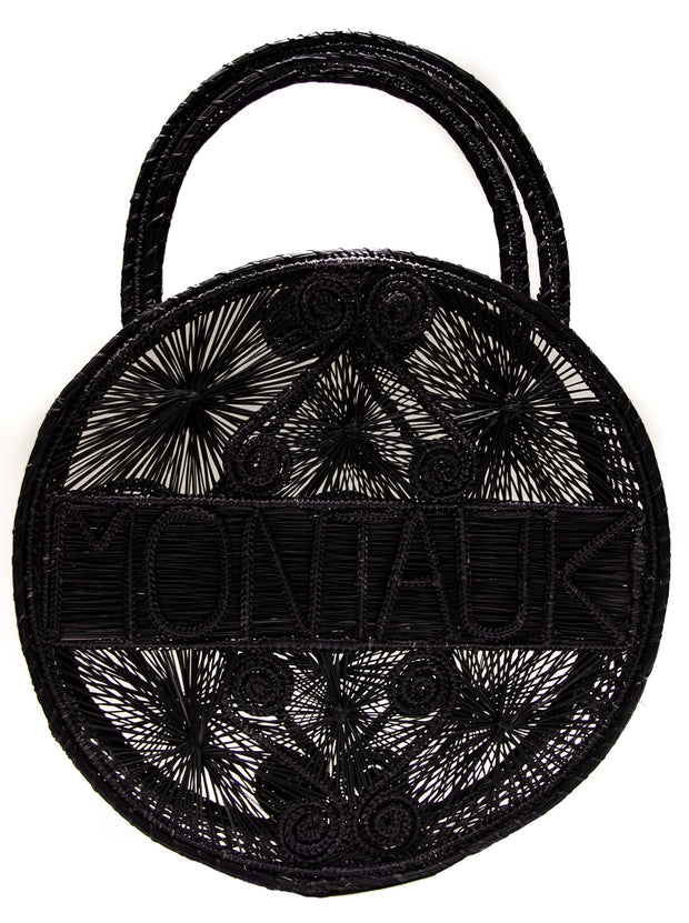 Black 100% Handwoven, Iraca Palm Bag with “Montauk” Woven Across Front