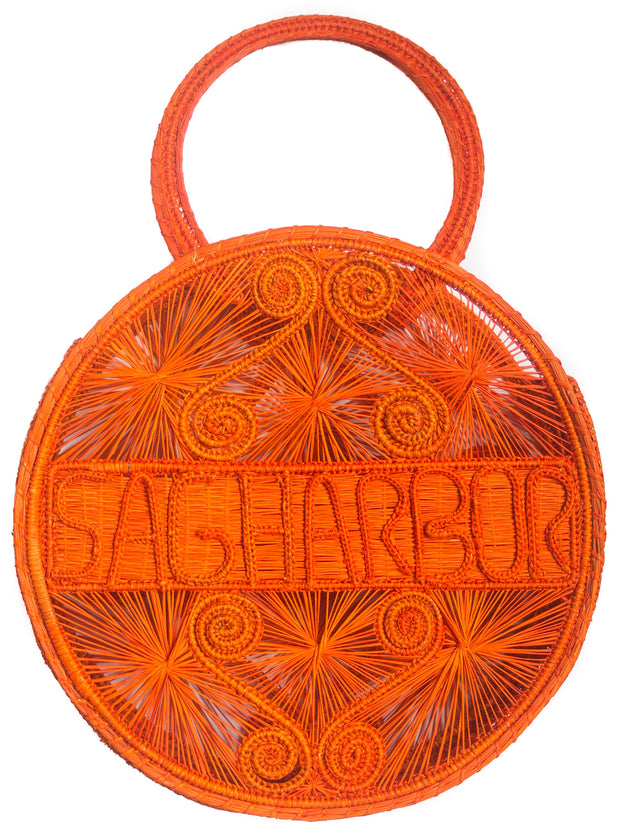 Orange Crush 100% handwoven, irate palm bag with “Sagharbor” woven across front. 