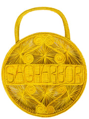 Primrose Yellow 100 % Handwoven, Iraca Palm Bag with “Sagharbor” Woven Across Front