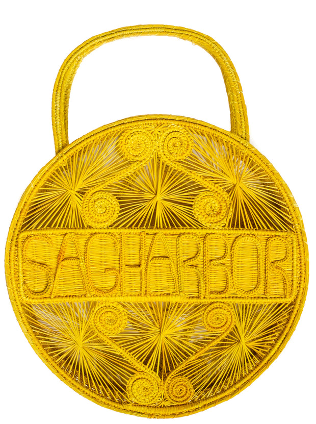 Primrose Yellow 100 % Handwoven, Iraca Palm Bag with “Sagharbor” Woven Across Front