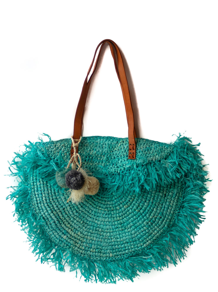Azure raffia beach bag with fringe and leather strap and fringe