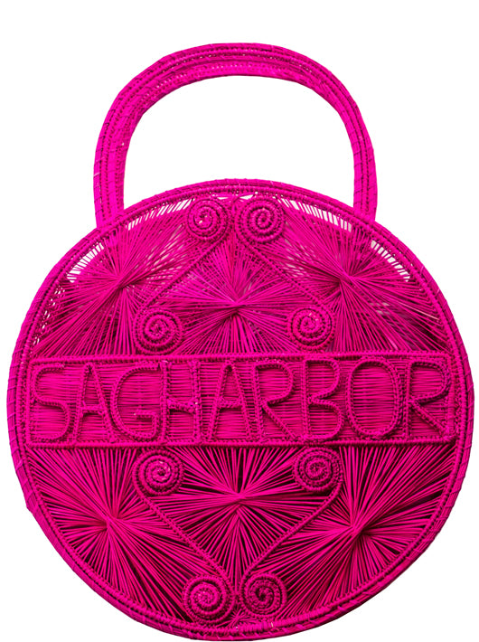 Hot Pink  100 % Handwoven, Iraca Palm Bag with “Sagharbor” Woven Across Front