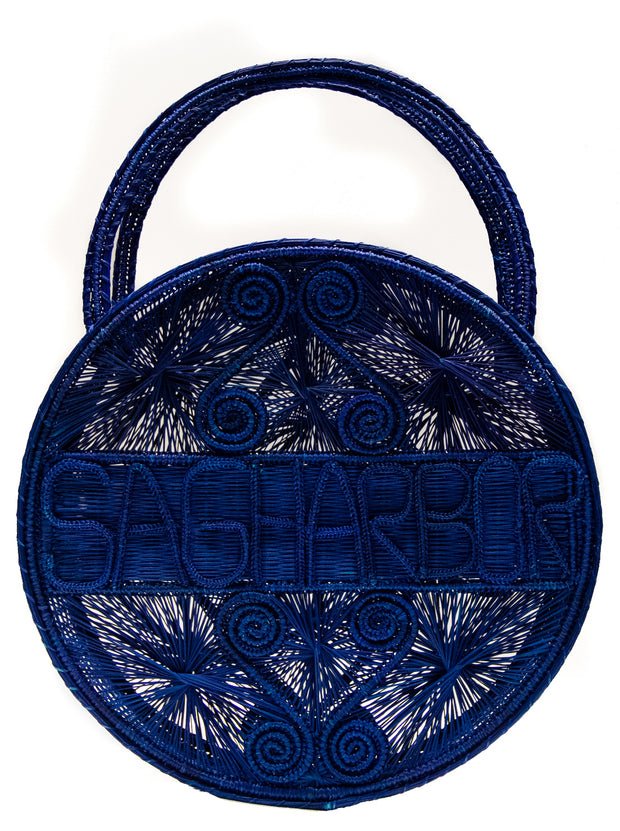 Royal Blue 100 % Handwoven, Iraca Palm Bag with “Sagharbor” Woven Across Front