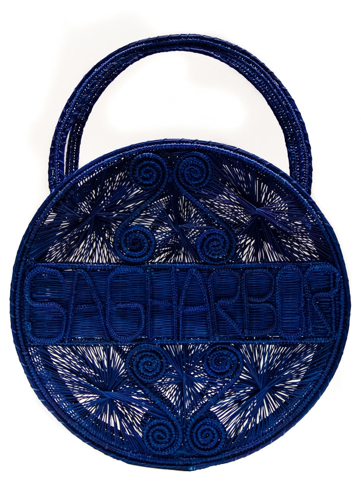 Navy Blue 100 % Handwoven, Iraca Palm Bag with “Sagharbor” Woven Across Front