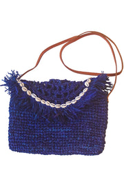 Midnight Blue Handwoven Palm Clutch with Natural Shells
