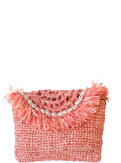 Rosé Handwoven Palm Clutch with Natural Shells