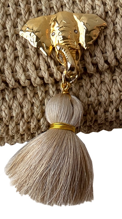 Beige Tassel and Elephant Charm with Crystals on Kimbo Belly Bag, Closeup.