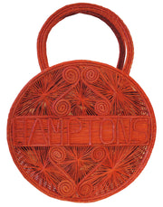 Orange Crush 100 % Handwoven , Iraca Palm Bag with “Hamptons” Woven Across Front