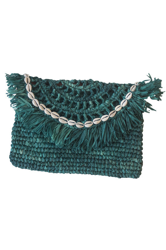 Teal Handwoven Palm Clutch with Natural Shells